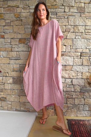 Salcombe Chalk Stripe Cotton Cocoon Dress Indian Pink